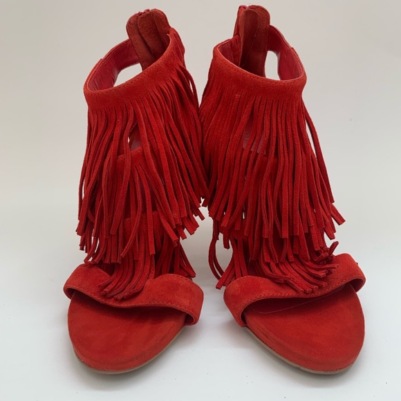 Elvio Zanon Red Suede Fringe Stiletto Heels - Boho Chic Ankle Strap Size 7 - Picture 3 of 6